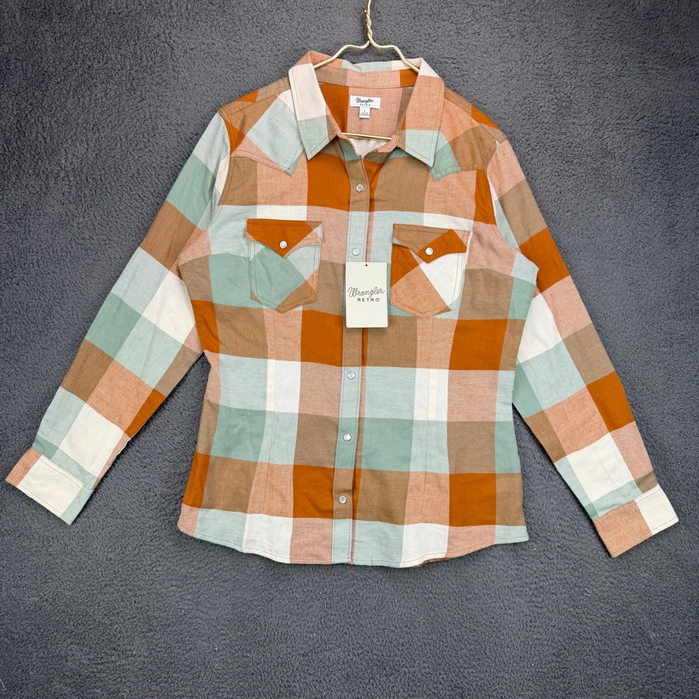 Wrangler Retro Mens Large Plaid Western Snap Front Shirt Orange Green White